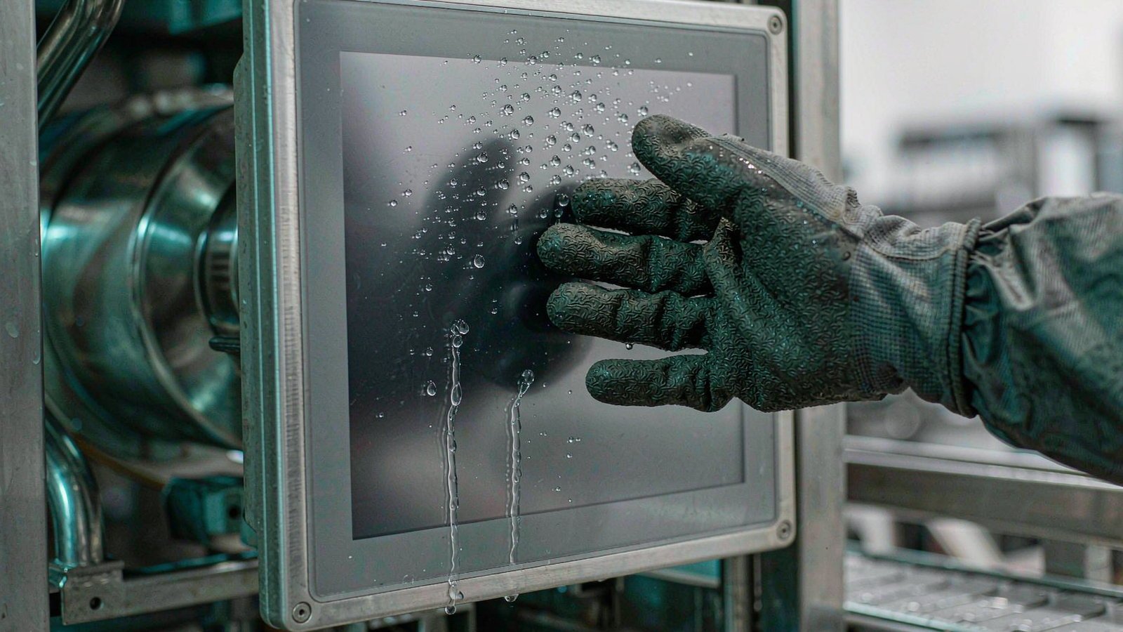 Gloved operator touching a stainless steel panel PC with water droplets on the glass