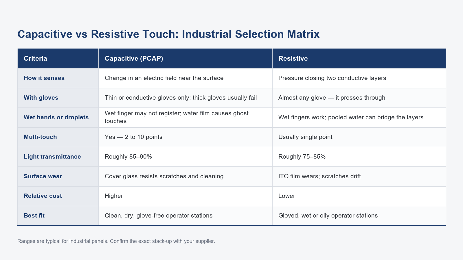 Matrix comparing capacitive and resistive industrial touch across gloves, water, multi-touch and cost