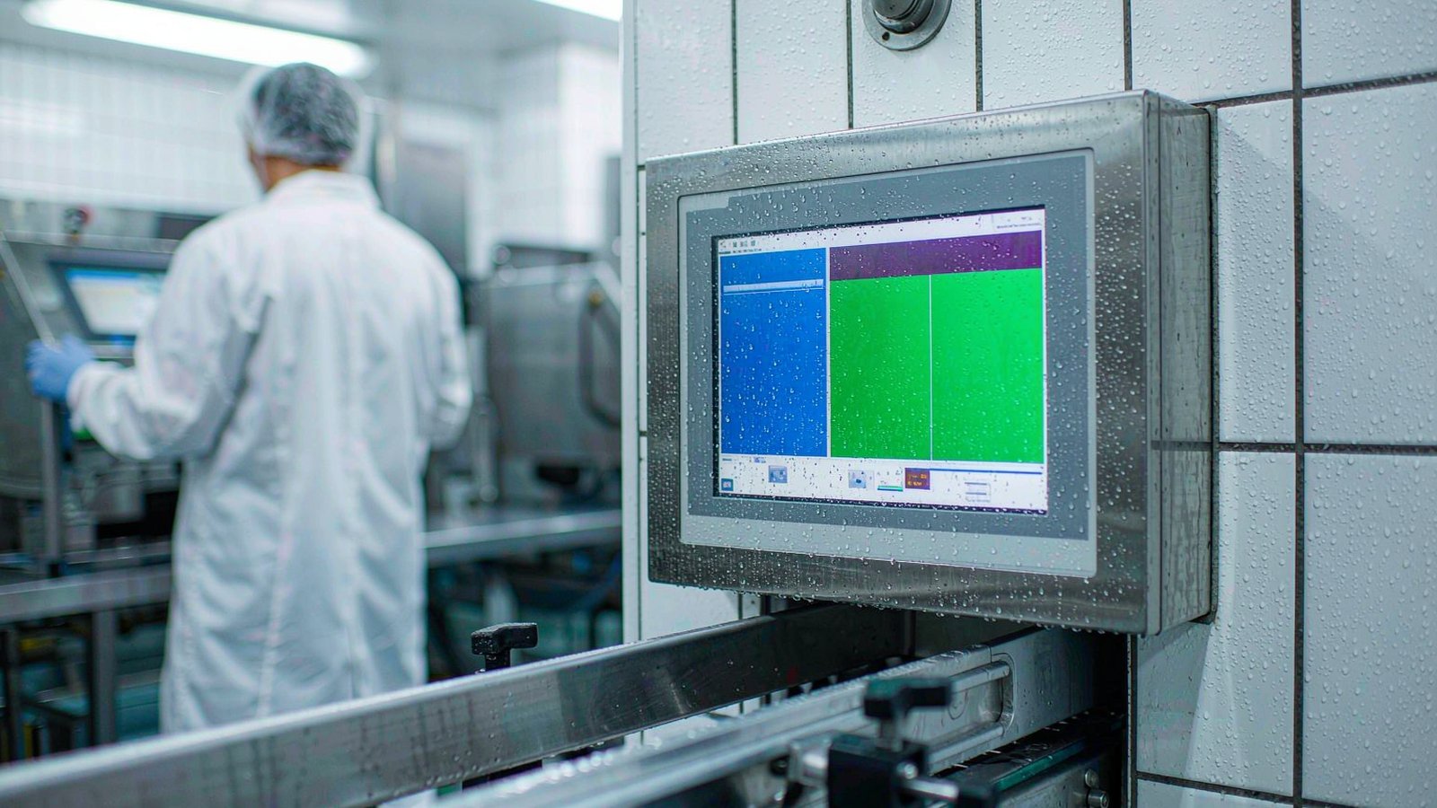 IP66 stainless steel panel PC with flat bezel mounted at a food processing washdown line